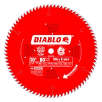 A red circular saw blade with 80 teeth, labeled 'DIABLO', designed for ultra-fine cutting.