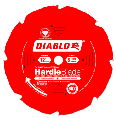 A red circular saw blade labeled 'DIABLO' with 'HardieBlade' text, featuring 12 inches diameter, 8 teeth, and a 1 inch arbor, designed for large projects and frequent use.
