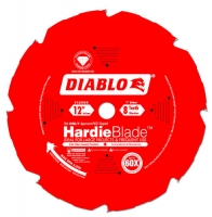 Red circular saw blade labeled 'DIABLO HardieBlade', measuring 12 inches in diameter, designed for cutting fiber cement and other materials.