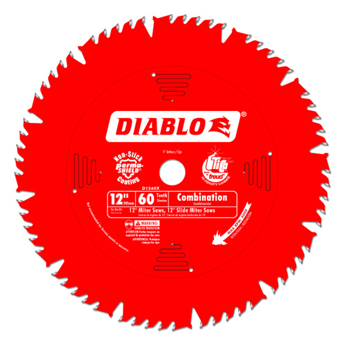 Diablo 12-inch circular saw blade, featuring 60 teeth and designed for combination cutting, with a bright red color and labeled for non-stick performance.