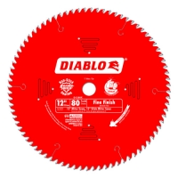 A red circular saw blade with the brand name 'DIABLO' and specifications indicating a 12-inch diameter and 80 teeth, designed for fine finishing cuts.