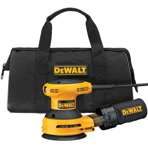A DEWALT random orbital sander with a yellow and black design, accompanied by a black carrying case featuring the DEWALT logo.