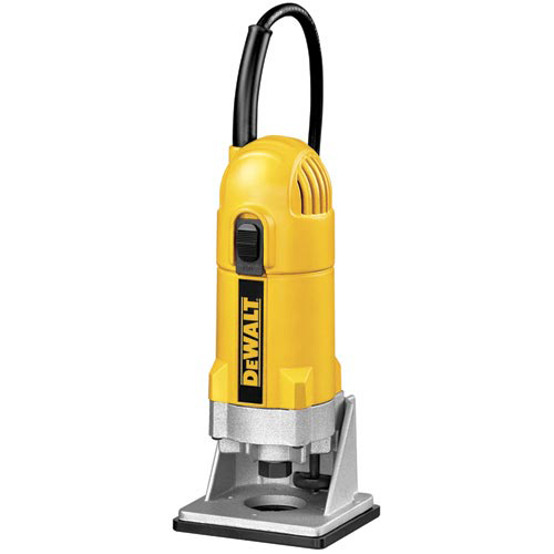 A DEWALT electric router, featuring a yellow and black body with a silver base, designed for woodworking and shaping edges.