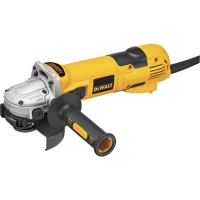 A yellow and silver angle grinder with a side handle and attached power cord.