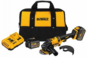 Dewalt cordless tool kit including a grinder, battery, battery charger, and carrying bag.