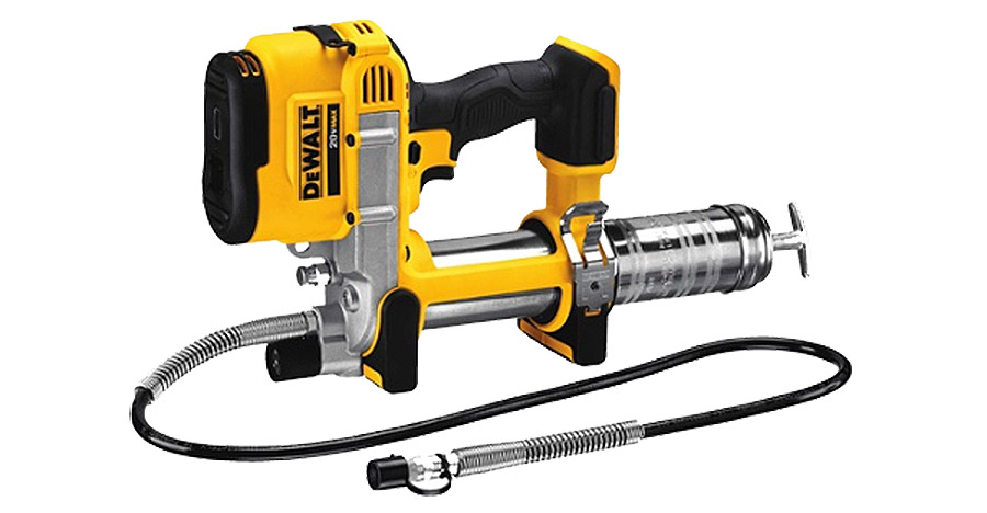 A yellow and black cordless electric grease gun with a metal grease reservoir and flexible nozzle for easy application.