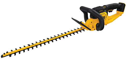A cordless electric hedge trimmer with a long blade and a black and yellow design.