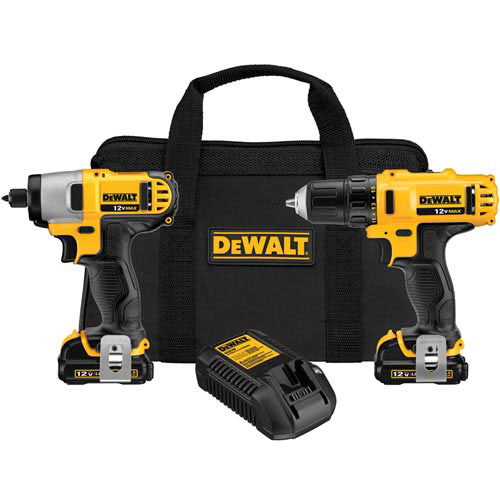 Two DeWALT cordless power tools, an impact driver and a drill, in a black carrying case with a charger.