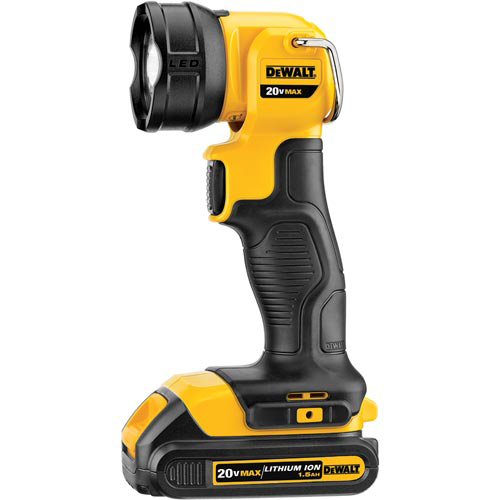 A yellow and black Dewalt cordless flashlight featuring a 20V max lithium-ion battery and an LED light.