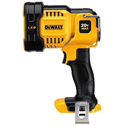 DeWALT 20V MAX LED work light with a handle and hook for portability.