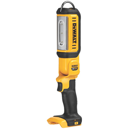 A Dewalt portable work light featuring a yellow and black design, with a handle for easy grip and a flashlight head for illumination.