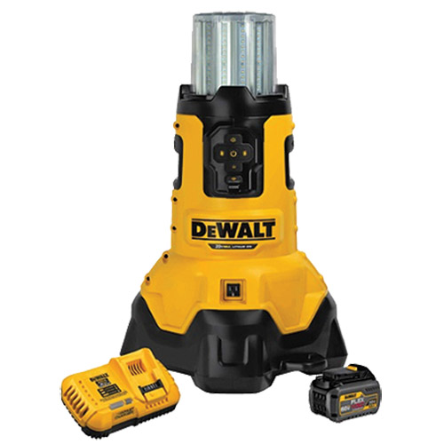 Dewalt LED work light with a cylindrical design, featuring a bright light at the top, alongside a battery and charger.