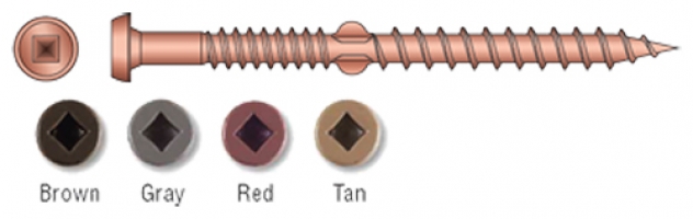 Diagram of a screw with a square drive head and four colored options for the head: brown, gray, red, and tan.