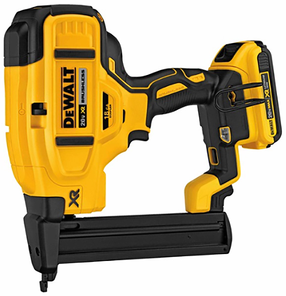 Dewalt 20V XR cordless nail gun with a yellow and black design, designed for driving fasteners in various materials.