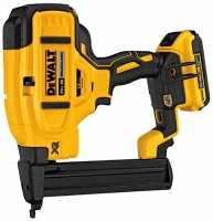 Dewalt cordless nail gun with a bright yellow and black design, featuring a comfortable grip and magazine for nails.