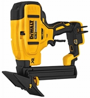 A cordless Dewalt nail gun with a yellow and black design, featuring a trigger, magazine, and angled nose for precise nailing.