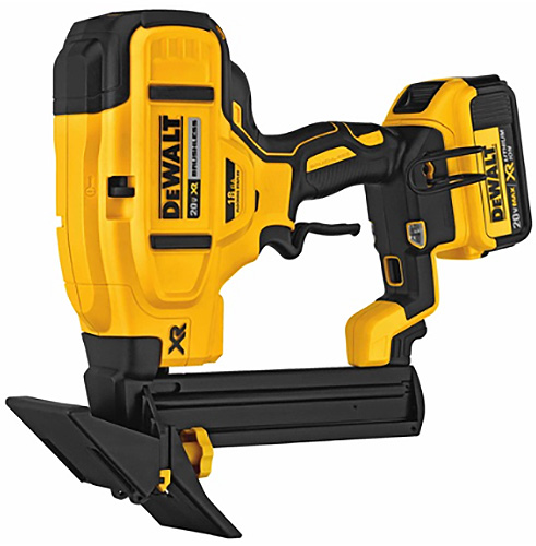 A DEWALT cordless nail gun with a yellow and black design, featuring a battery pack and a slim profile for precision nailing.