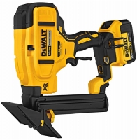 A DeWALT cordless nail gun featuring a yellow and black design, highlighting the brand name and model.