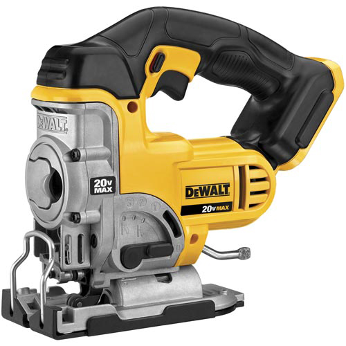 A 20V MAX cordless jigsaw by DeWALT, featuring a yellow and black design, with a metal base and cutting guide, suitable for woodworking and DIY projects.