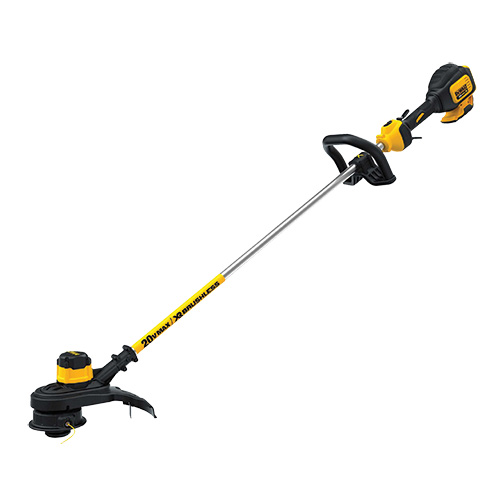 A cordless string trimmer with a straight shaft, featuring a black and yellow design and a rotating cutting head.