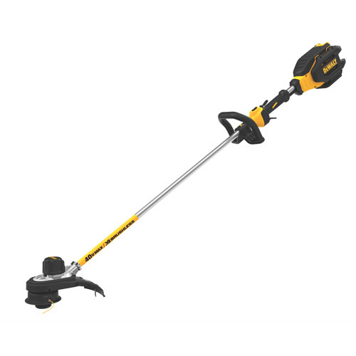 A Dewalt cordless string trimmer with a long shaft and dual-line cutting head, designed for lawn and garden maintenance.