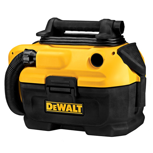 A compact DeWALT vacuum cleaner in black and yellow, featuring a sturdy handle and a flexible hose attachment.