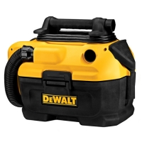 A compact, yellow and black DeWALT vacuum cleaner, featuring a handle on top and a hose attachment.