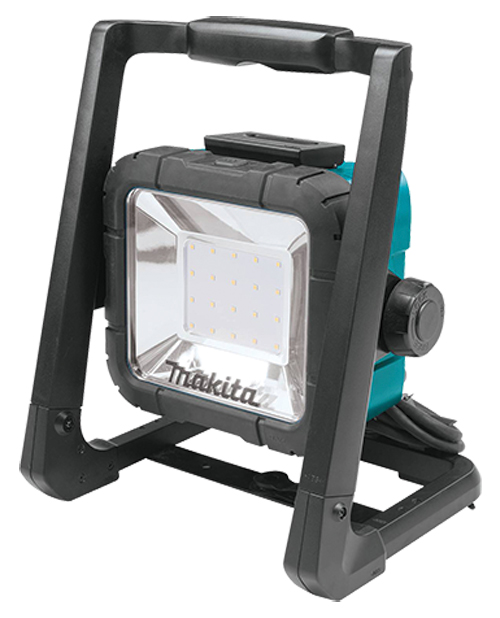 A portable work light with an LED panel, featuring a sturdy frame and handle, designed for construction or outdoor use.
