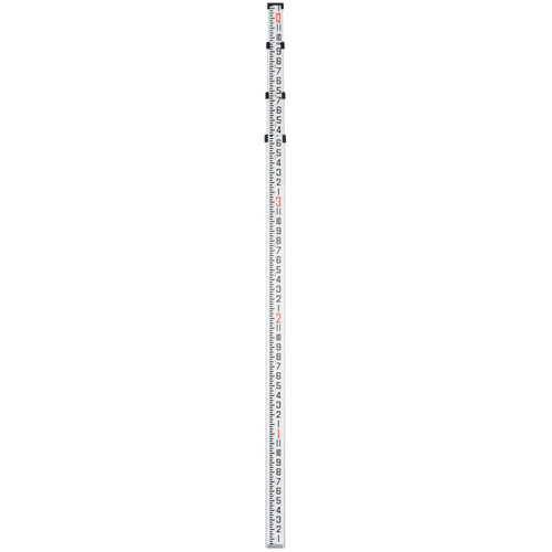 A vertical measurement scale or rod, featuring both metric and imperial units marked along its length.