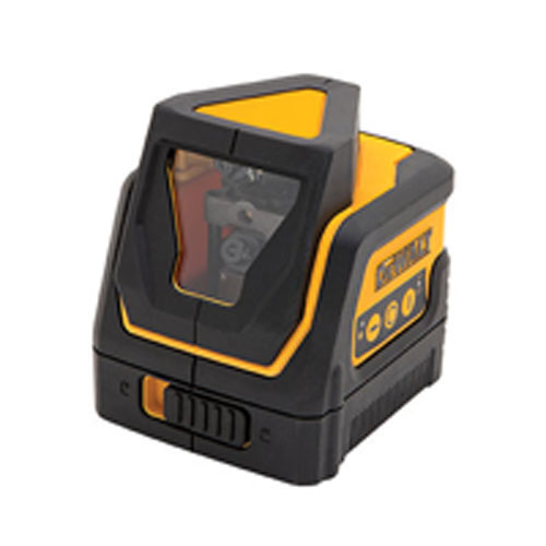 A compact and portable laser level tool with a yellow and black design, featuring a window for visibility and control buttons on the side.