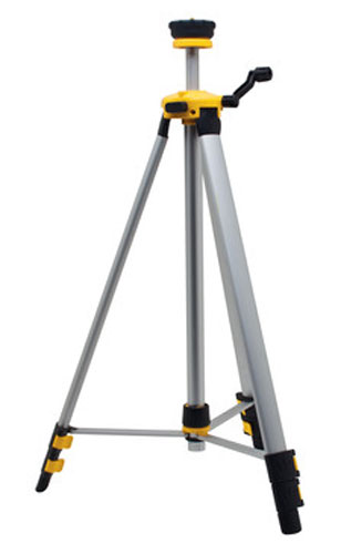 A silver and yellow adjustable tripod with three legs and a crank handle.