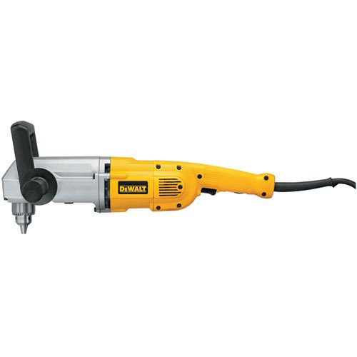 A Dewalt electric drill with a yellow and gray design, featuring a handle and a drill bit attachment.