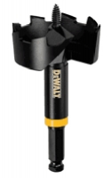 Close-up of a black and yellow DEWALT hole saw drill bit with a sharp, serrated edge and a central screw feature.