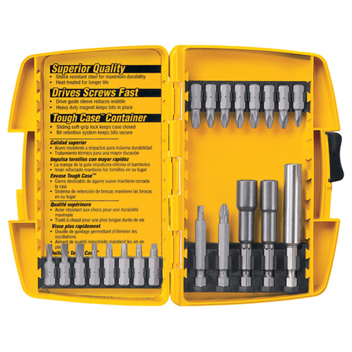 Image of a yellow tool case opened to display various screwdriver bits and sockets, with instructions and branding visible on the inside lid.