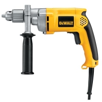 A yellow and black DeWALT electric drill with a side handle and metal chuck.