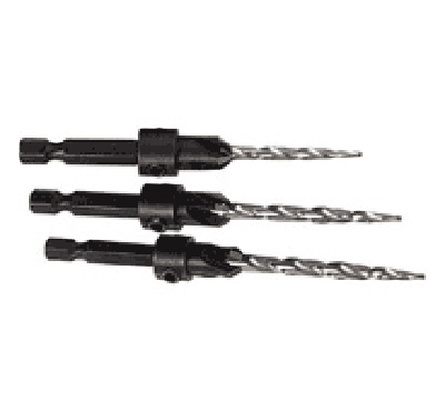 Three black and silver drill bits with spiral edges, arranged horizontally.