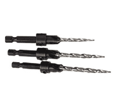 Set of three black drill bits with hex shank and spiral flutes, arranged vertically.