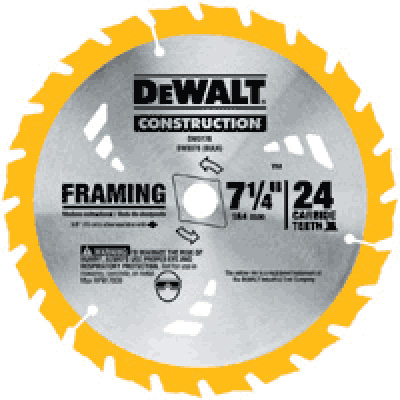 A 7 1/4 inch DEWALT framing saw blade with 24 teeth, designed for construction use.