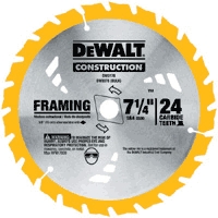 Dewalt 7 1/4 inch framing saw blade with 24 carbide teeth, designed for construction.