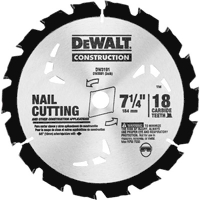 A DeWALT construction saw blade labeled for nail cutting, measuring 7 1/4 inches and featuring 18 carbide teeth.