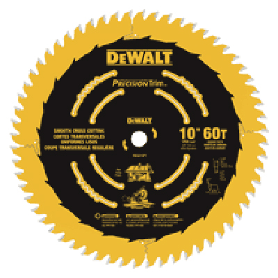 Dewalt 10-inch circular saw blade with 60 teeth, designed for precise cutting in woodworking.