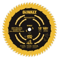 A circular saw blade with a yellow and black design, labeled DEWALT, featuring various specifications including a 10-inch diameter and 60 teeth for precision cutting.