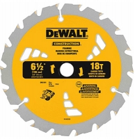 DeWALT construction circular saw blade with a 6.5-inch diameter and 18 teeth, designed for framing and made for transport.