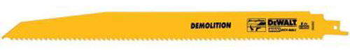 A yellow demolition saw blade with serrated edges, branded with the DeWALT logo.