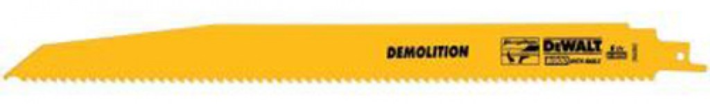 A yellow demolition saw blade with the label 'DEWALT' and a serrated edge.