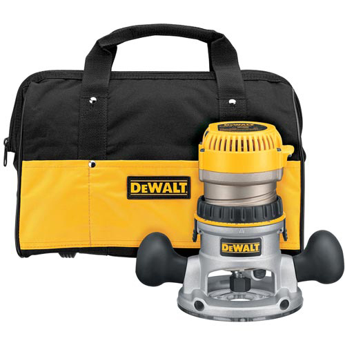 Dewalt router with a yellow and black carrying case, featuring a powerful motor and ergonomic handles.