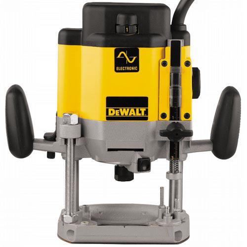 Close-up view of a DeWALT electronic router with a yellow and gray design, featuring adjustable depth settings and large handles for better grip.