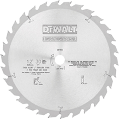 A close-up of a 12-inch DEWALT circular saw blade featuring 30 teeth and specifications for use.