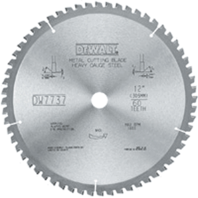 Dewalt metal cutting blade, 12 inches in diameter, designed for heavy gauge steel with 60 teeth.