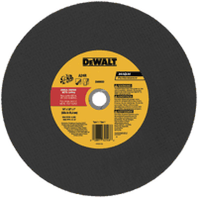 Dewalt abrasive cutting disc with a black surface and yellow label, designed for metal cutting.